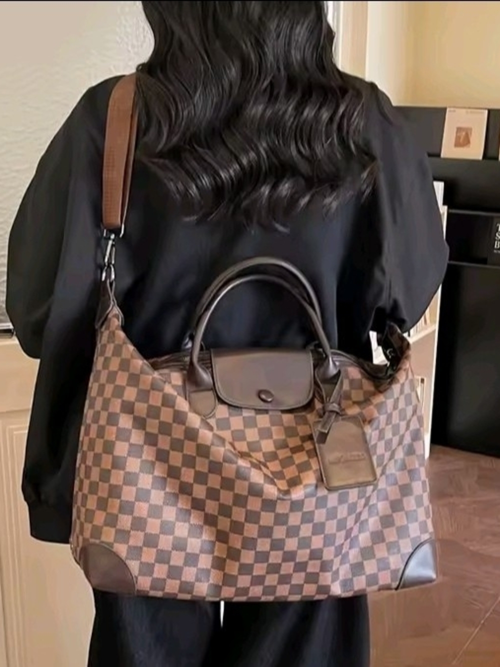 Classic Checkerboard Brown Travel Tote Bag - Unbranded
